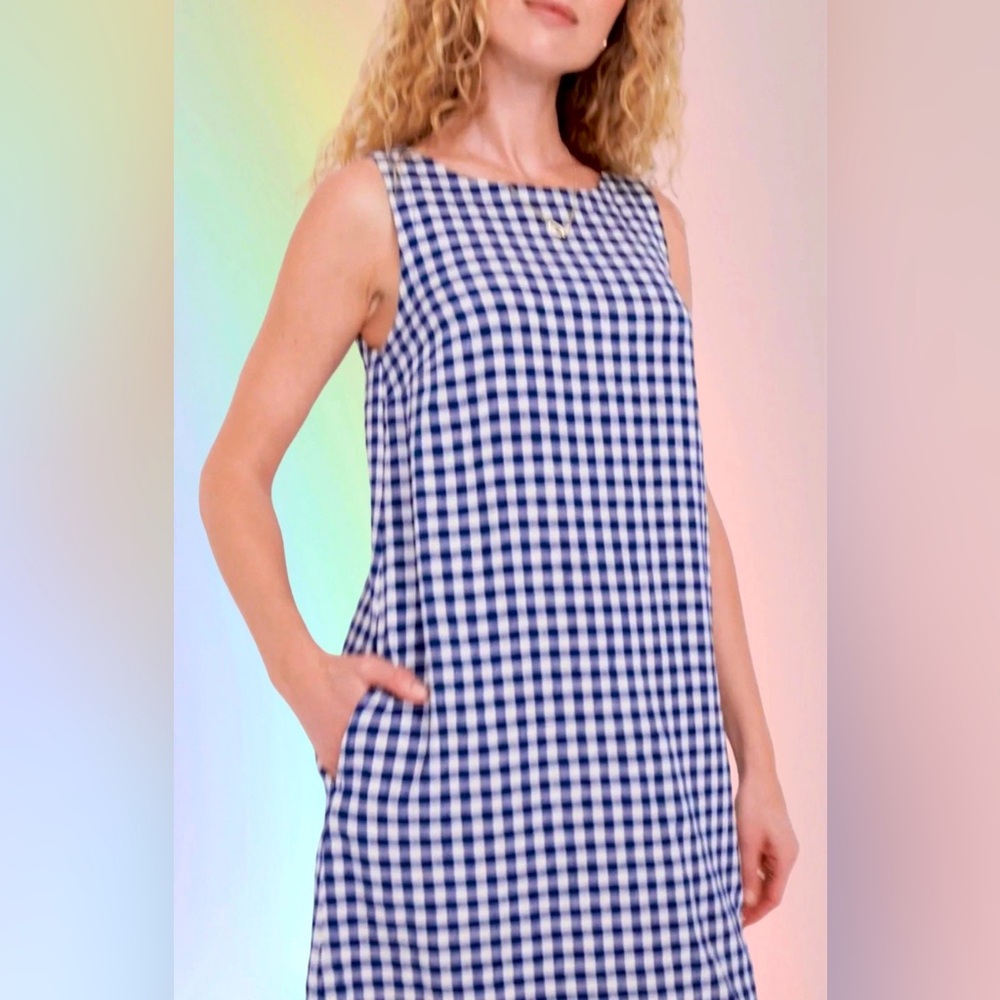 NWTSđGAP OLD NAVY XLđSLEEVELESS BOATNECK LINEN BLUE GINGHAM DRESS KEYHOLE BACK - Picture 7 of 15